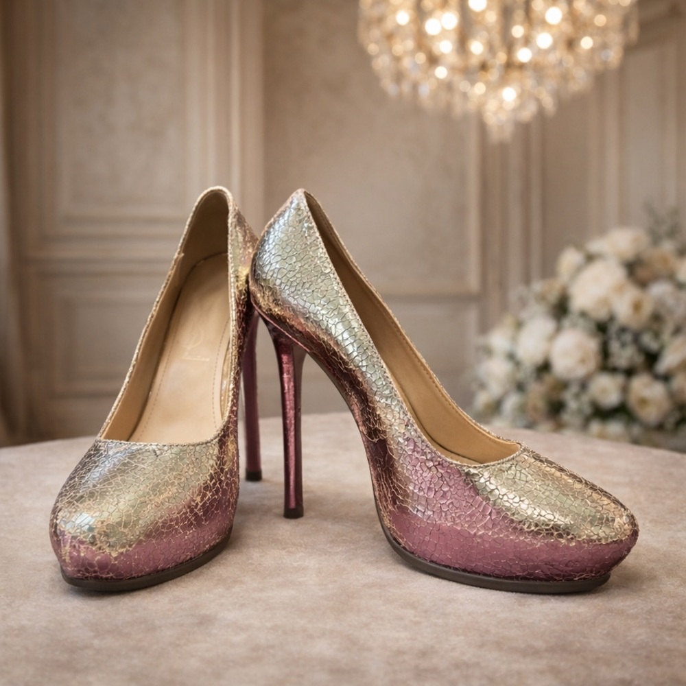 Saint Laurent YSL Gold Metallic Cracked Leather Pointed Toe‎ Pumps, 38/8